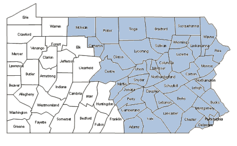 Adams	Berks	Bradford Bucks Cameron Carbon Centre Chester Clinton Columbia Cumberland Dauphin Delaware Juniata Lackawanna Lancaster Lebanon Leigh Luzerne Lycoming McKean Mifflin Monroe Montgomery Montour Northhampton Northumberland Perry Philadelphia Pike Potter Schuylkill Snyder Sullivan Susquehanna Tioga Union Wayne Wyoming York